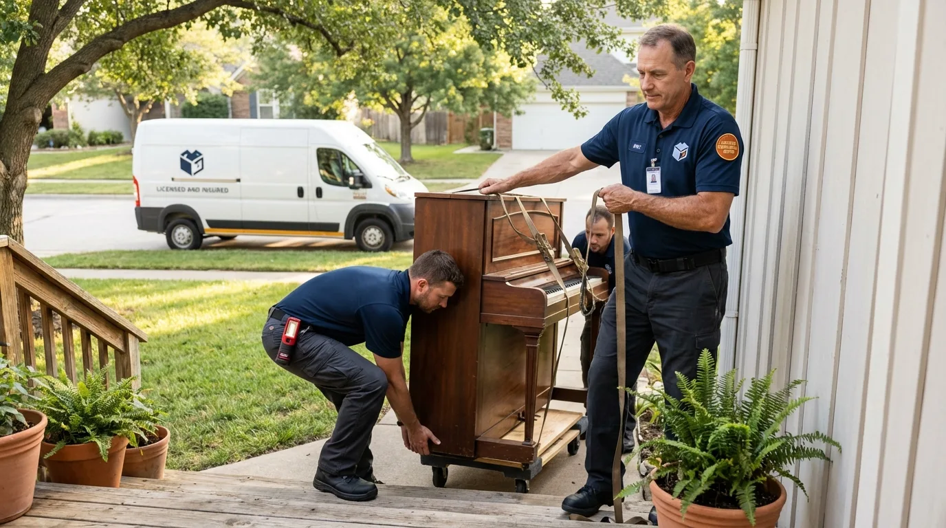 Licensed piano movers securing grand piano in West Jefferson, OH
