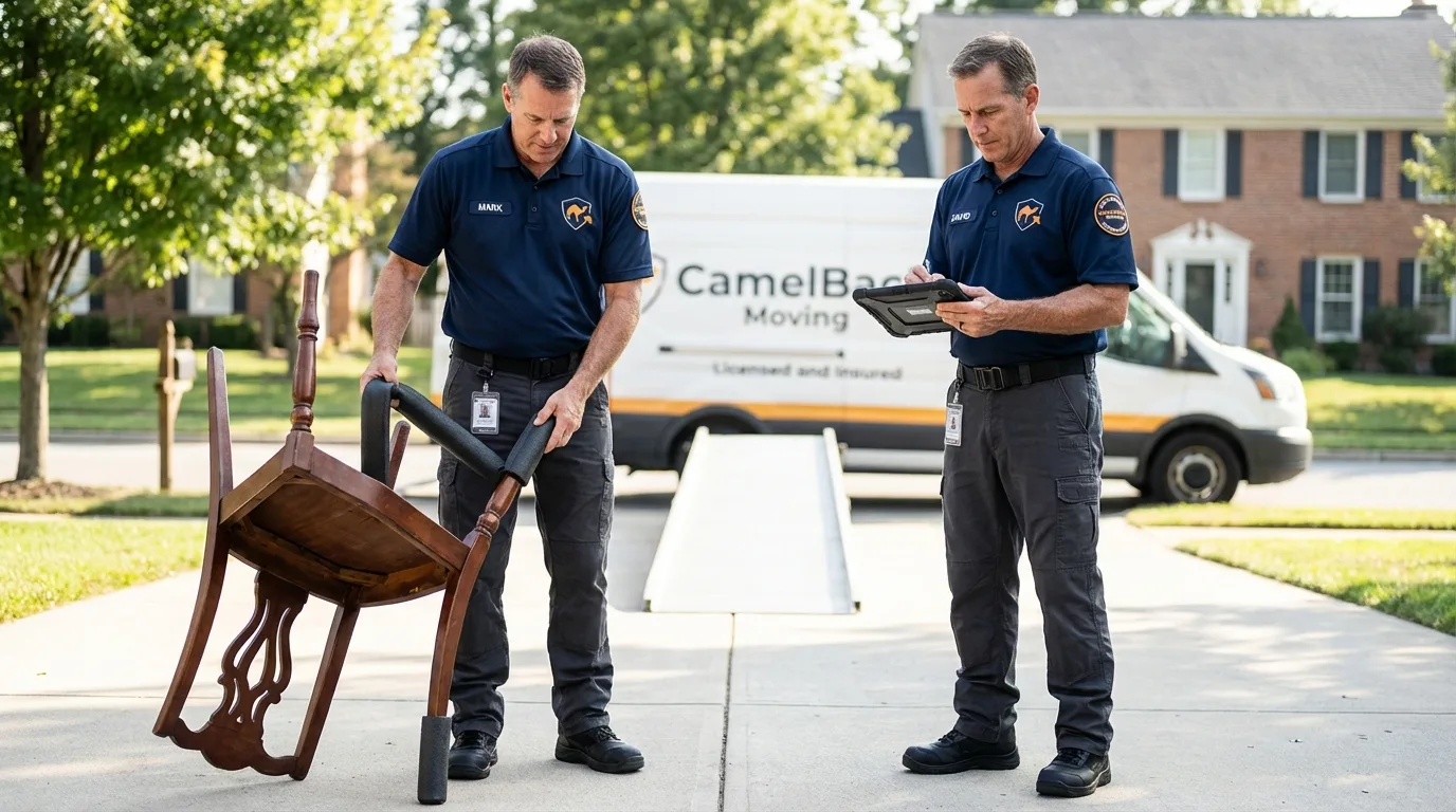 Movers inspecting furniture for damage prevention before loading in West Jefferson, OH